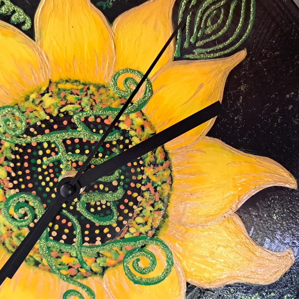 Hand Crafted Painted Sunflower Wall Clock - Black and Yellow Faith Home Decor - Picture 6 of 11